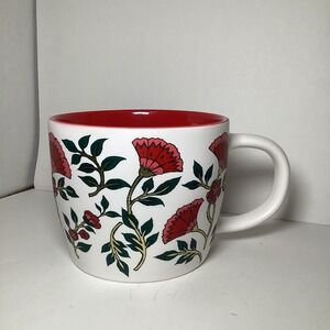 Peppermint & Pine Red Carnation Floral Ceramic Coffee Mug White Red Interior